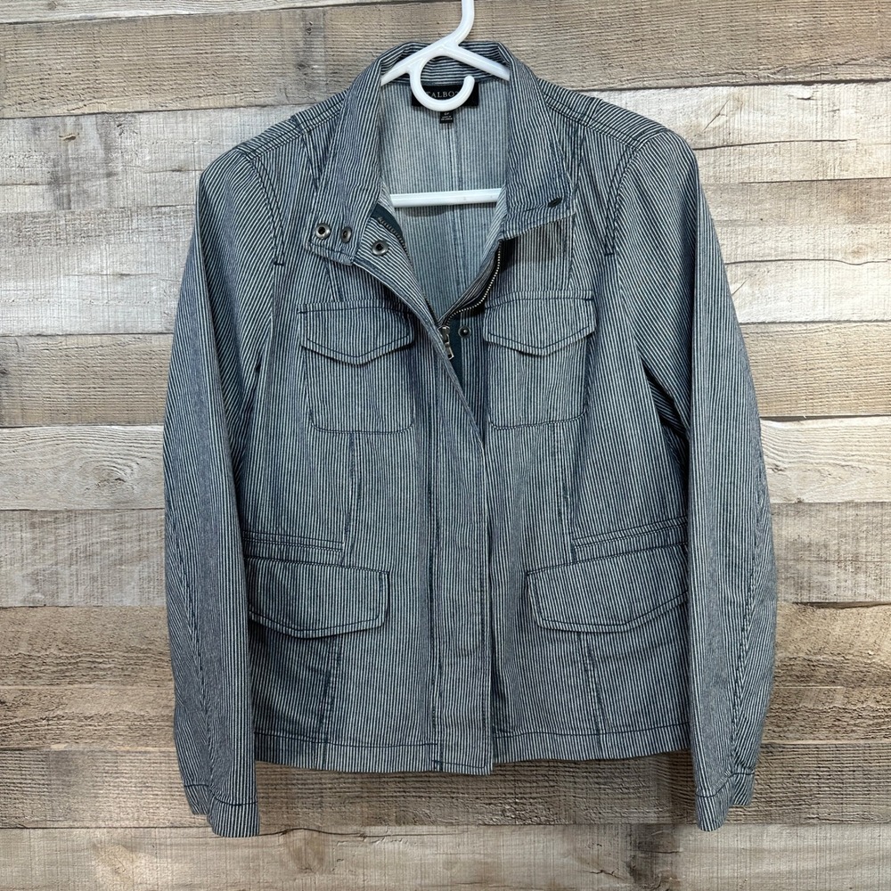 Talbots‎ Petites Blue White Railroad Stripe Denim Utility Jacket 6P Zip Front